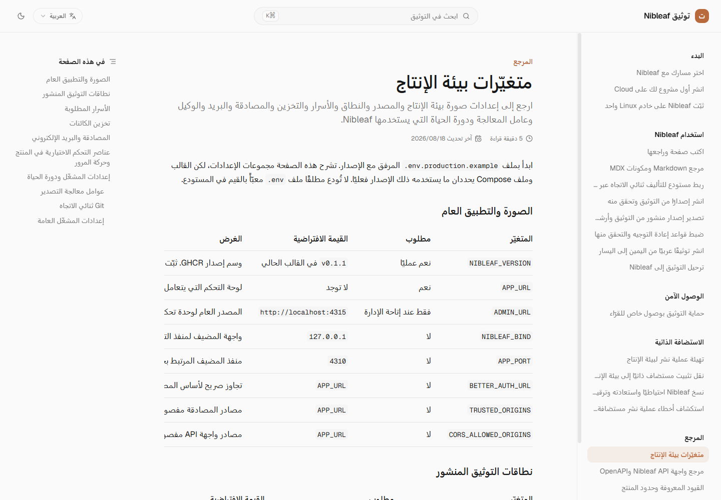 مرجع متغيّرات بيئة الإنتاج بالعربية، ويعرض جدولًا بعناوين عربية ومعرّفات لاتينية
